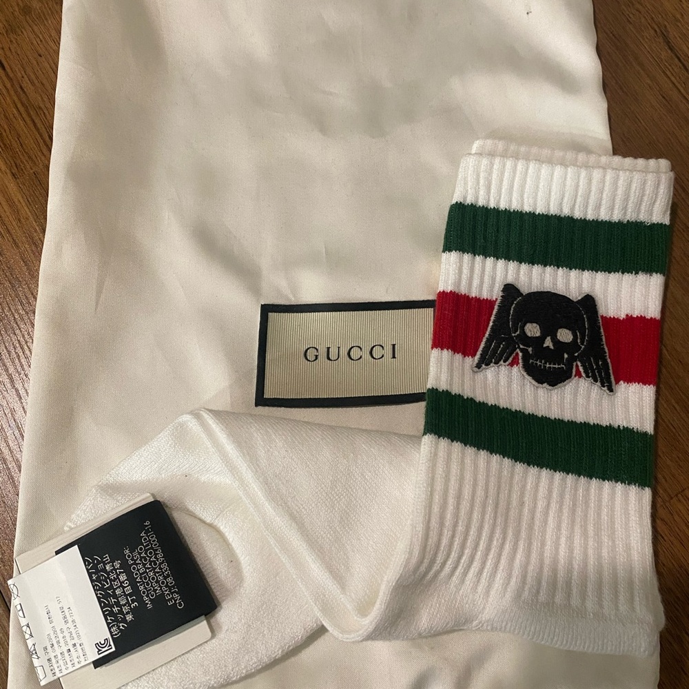 GUCCI SOCKS STRIPED WINGED SKULL WHITE COTTON RIBBED LITTLE CHAMBRE SIZE 12 L